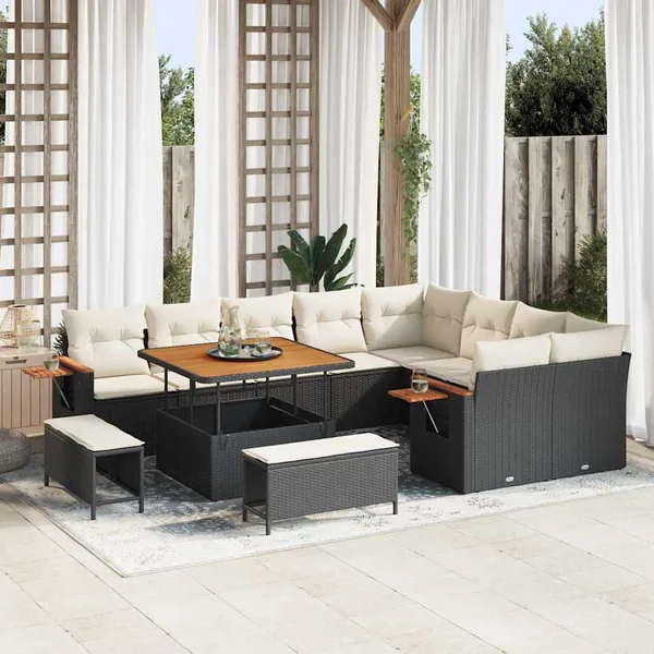 Ensemble de canapé de jardin 13 pcs Noir et Crème polyrotin