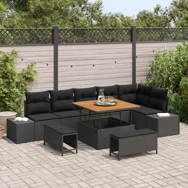 Ensemble de canapé de jardin avec coussin 9 pcs Noir Poly rotin