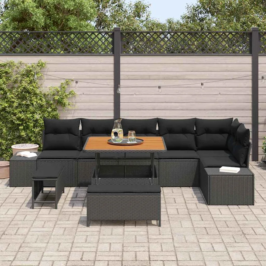 Ensemble de canapé de jardin avec coussin 9 pcs Noir Poly rotin - 3
