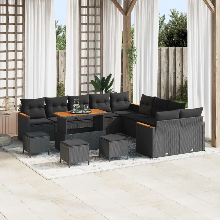Ensemble de canapé de jardin avec coussin 14 pcs Noir polyrotin