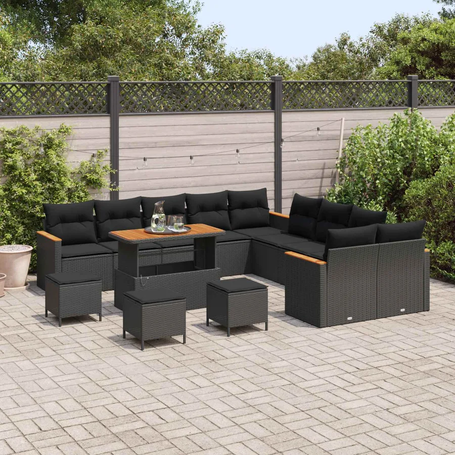 Ensemble de canapé de jardin avec coussin 14 pcs Noir polyrotin - 3