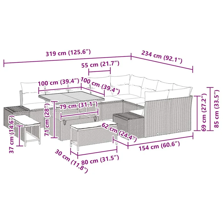 Ensemble de canapé de jardin 12 pcs Noir Poly rotin - 14