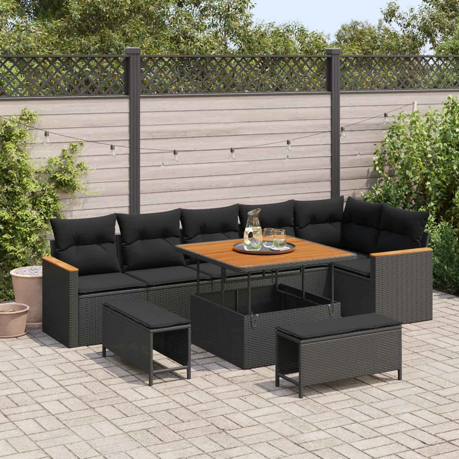 Ensemble de canapé de jardin avec coussin 9 pcs Noir Poly rotin
