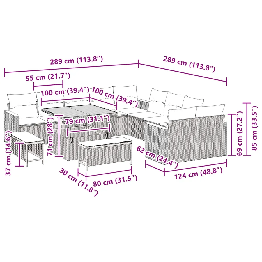 Ensemble de canapé de jardin avec coussin 13 pcs Noir polyrotin - 15