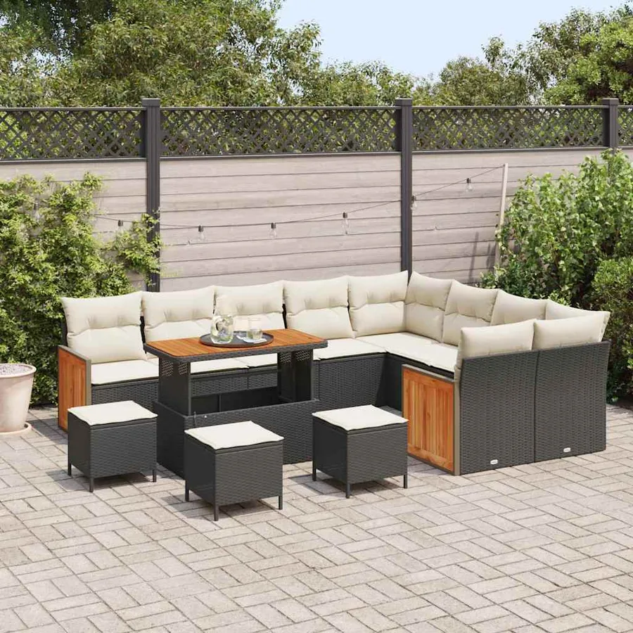 Ensemble de canapé de jardin 14 pcs Noir et Crème polyrotin - 3