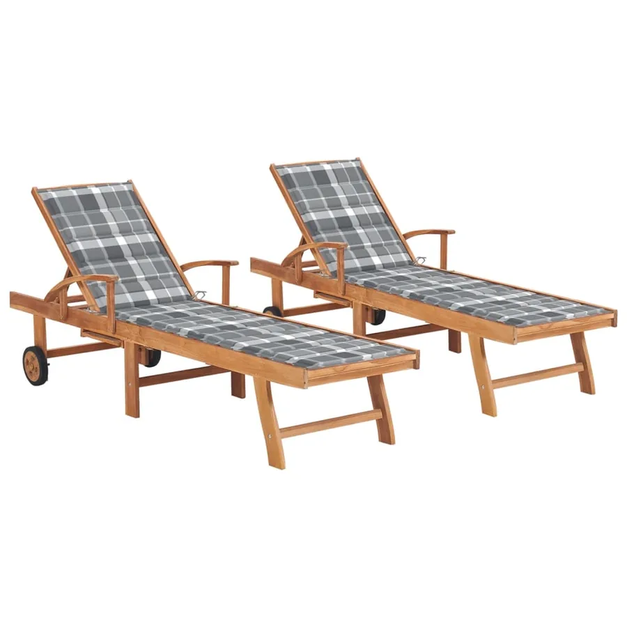 Chaises longues lot de 2 et coussin carreaux rouge Teck solide - 17