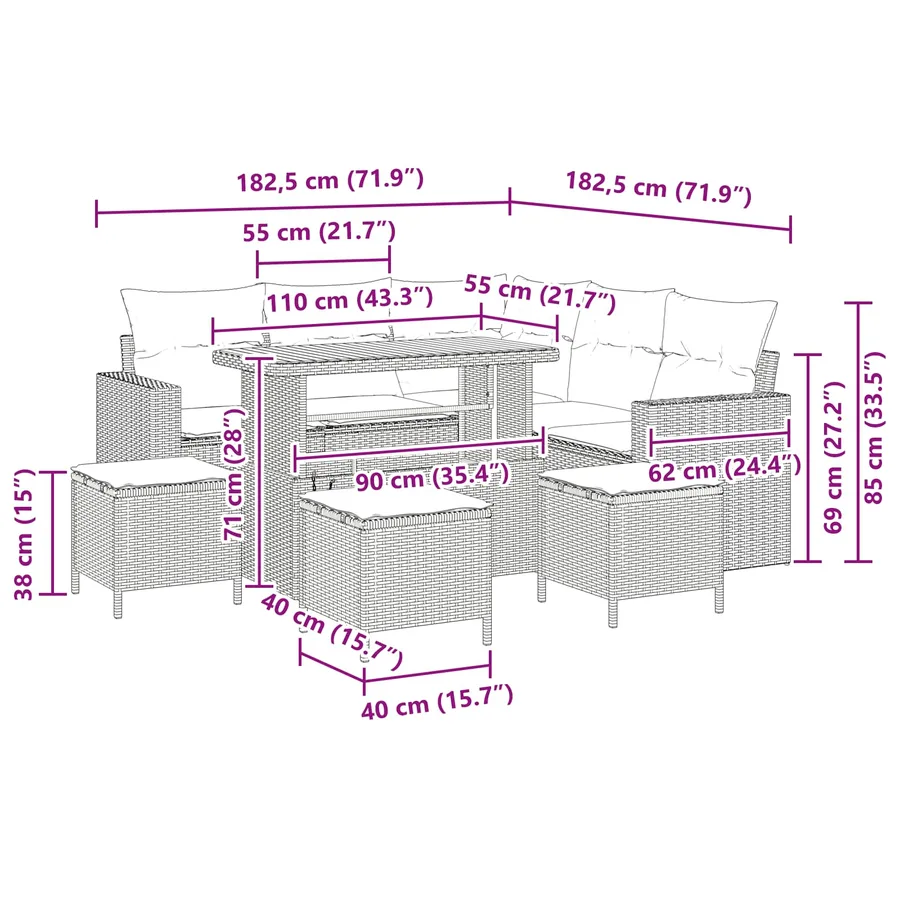 Ensemble de canapé de jardin avec coussin 10 pcs Noir polyrotin - 14