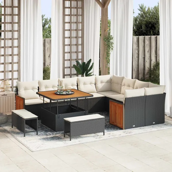 Ensemble de canapé de jardin avec coussin 12 pcs Noir et Crème