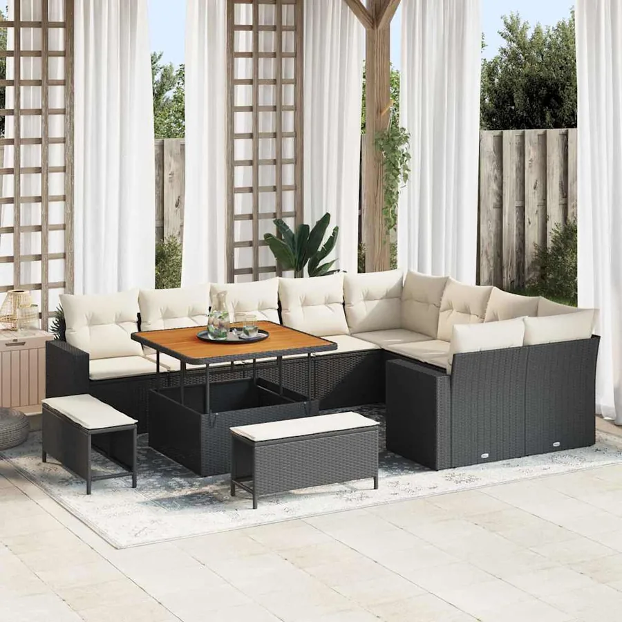 Ensemble de canapé de jardin 13 pcs Noir et Crème polyrotin