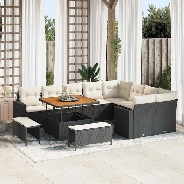 Ensemble de canapé de jardin 13 pcs Noir et Crème polyrotin