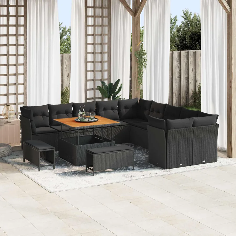 Ensemble de canapé de jardin avec coussin 13 pcs Noir polyrotin