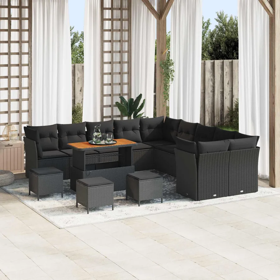 Ensemble de canapé de jardin avec coussin 14 pcs Noir polyrotin