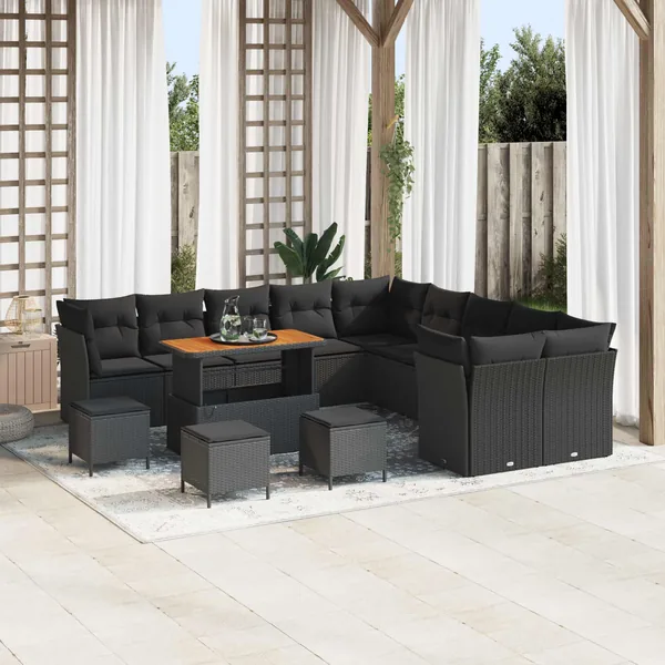 Ensemble de canapé de jardin avec coussin 14 pcs Noir polyrotin