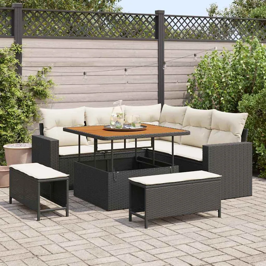 Ensemble de canapé de jardin 9 pcs Noir et Crème polyrotin