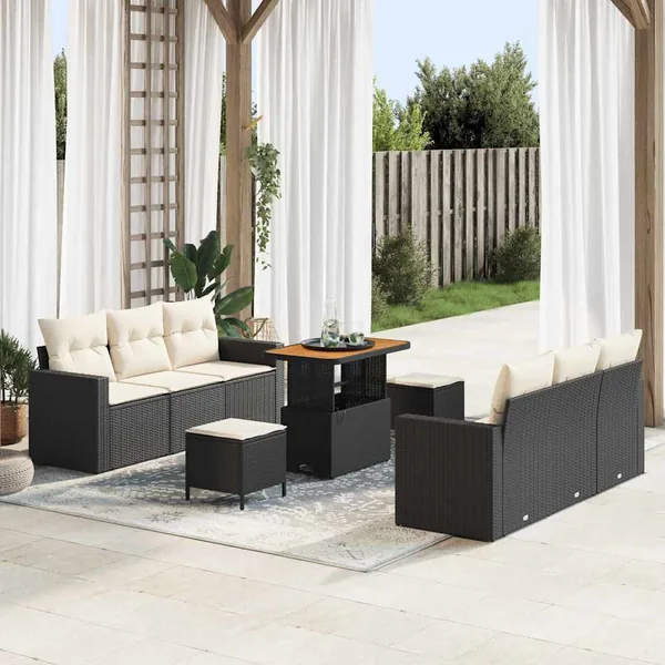 Ensemble de canapé de jardin avec coussin 9 pcs Noir et crème