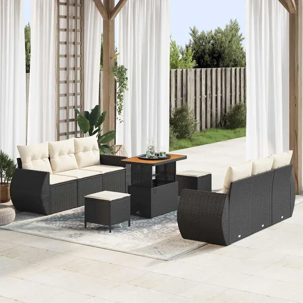Ensemble de canapé de jardin 9 pcs Noir et Crème polyrotin