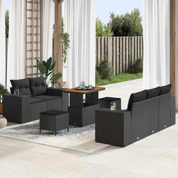 Ensemble de canapé de jardin 8 pcs Noir Poly Rattan