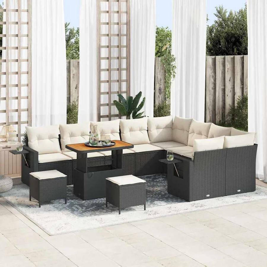 Ensemble de canapé de jardin 12 pcs Noir et Crème polyrotin