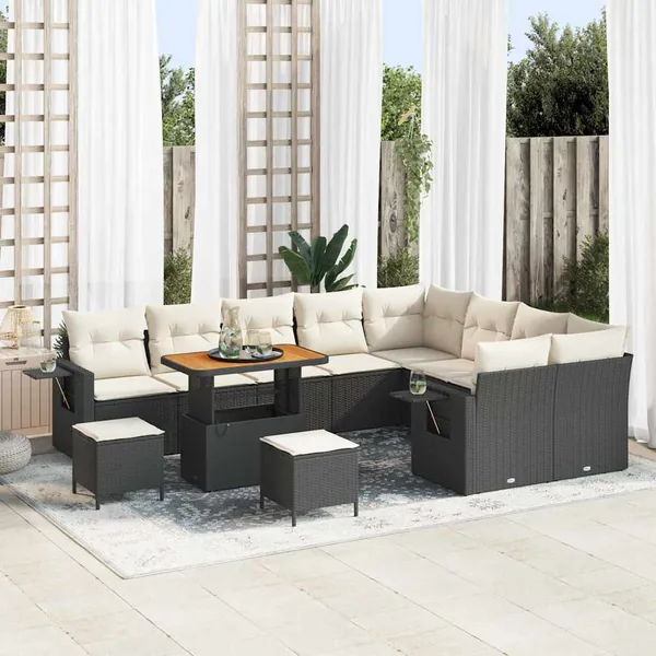 Ensemble de canapé de jardin 12 pcs Noir et Crème polyrotin