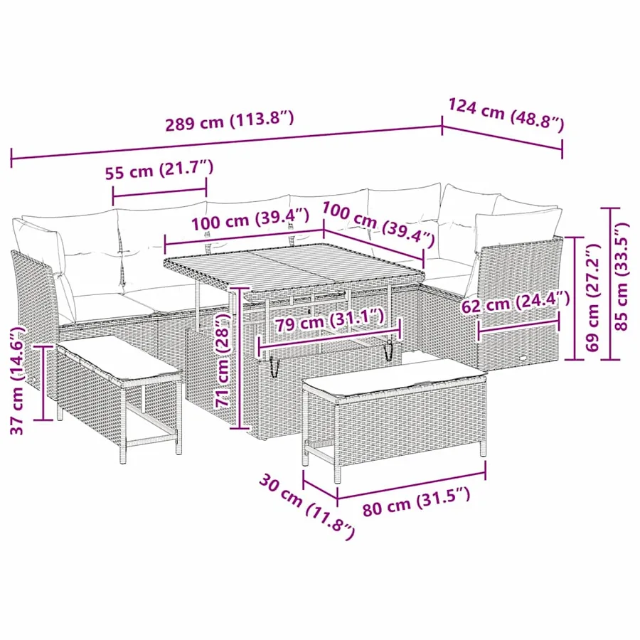 Ensemble de canapé de jardin avec coussin 9 pcs beige et crème - 12