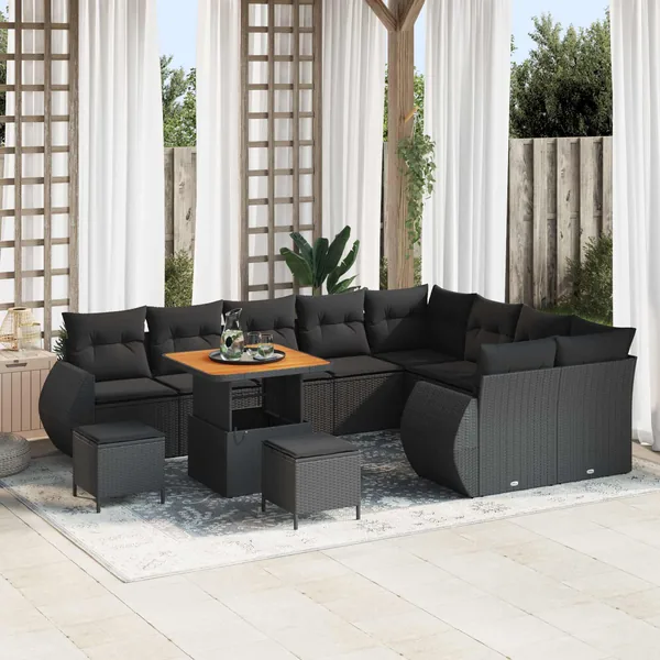 Ensemble de canapé de jardin 12 pcs Noir Poly Rattan