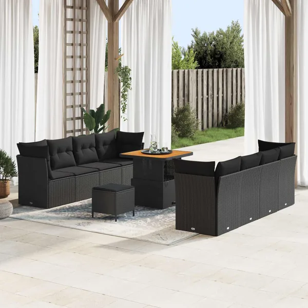 Ensemble de canapé de jardin avec coussin 11 pcs Noir polyrotin