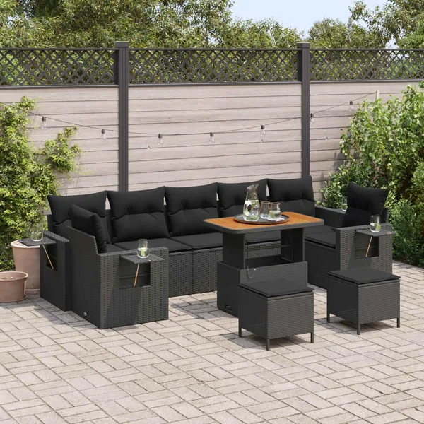 Ensemble de canapé de jardin avec coussin Noir polyrotin