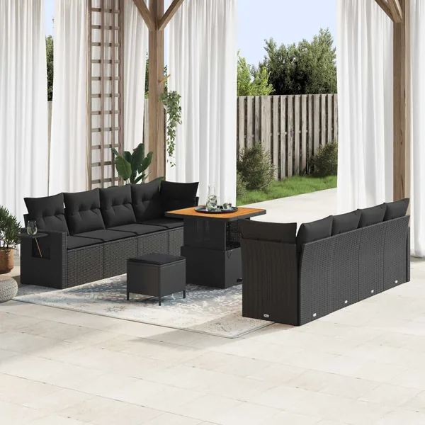 Ensemble de canapé de jardin avec coussin 11 pcs Noir polyrotin
