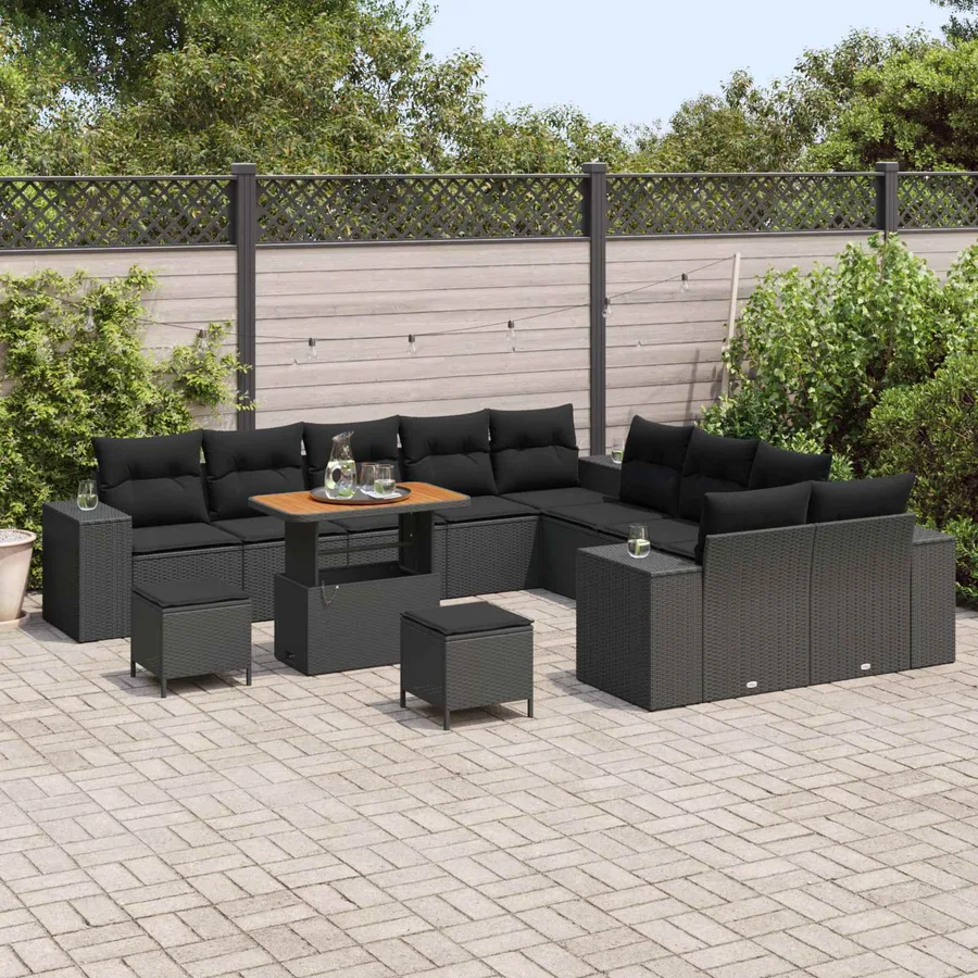 Ensemble de canapé de jardin avec coussin 13 pcs Noir polyrotin - 3