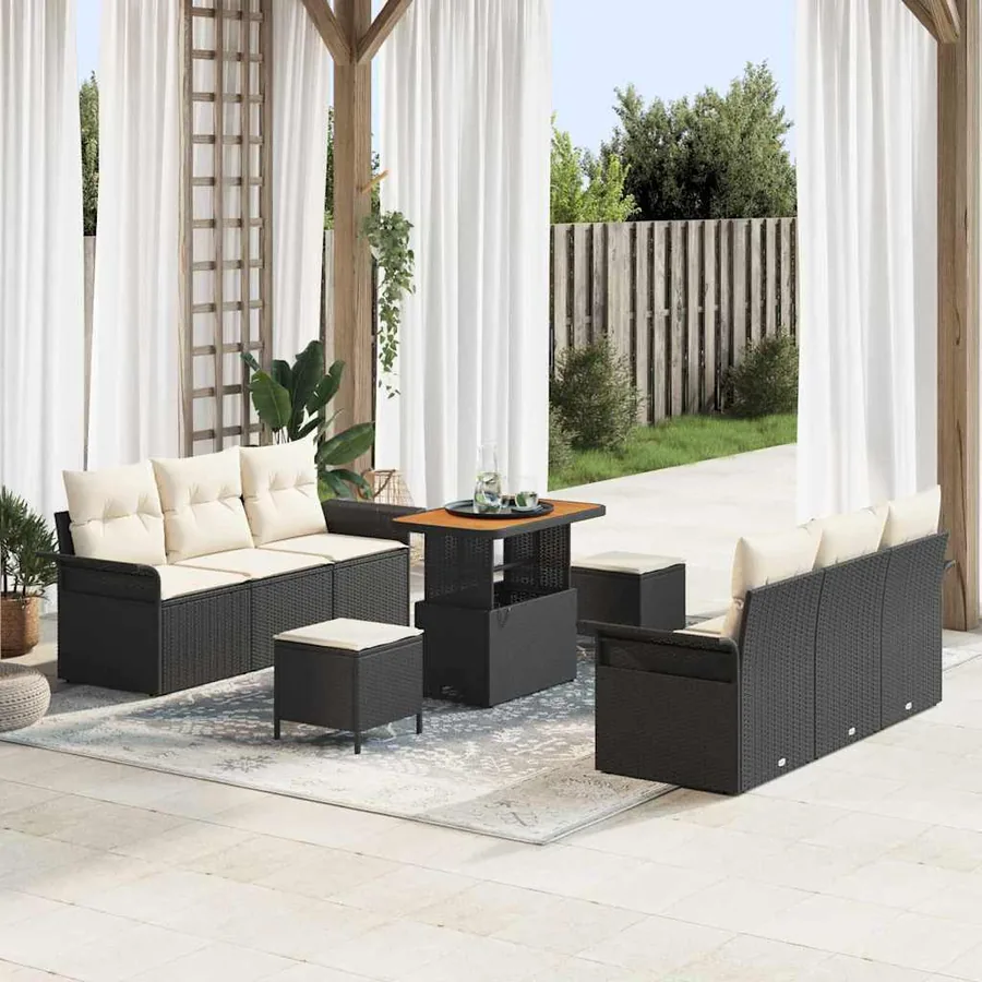 Ensemble de canapé de jardin avec coussin 9 pcs Noir et Crème