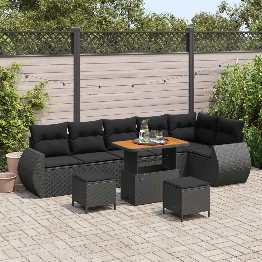Ensemble de canapé de jardin 9 pcs Noir Poly Rattan