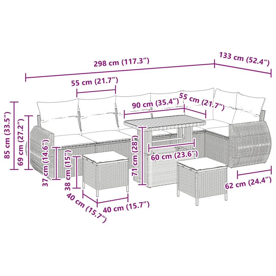 Ensemble de canapé de jardin 9 pcs Noir Poly Rattan - 18