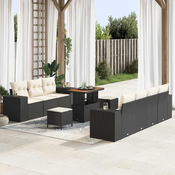 Ensemble de canapé de jardin 10 pcs Noir et Crème Poly Rattan