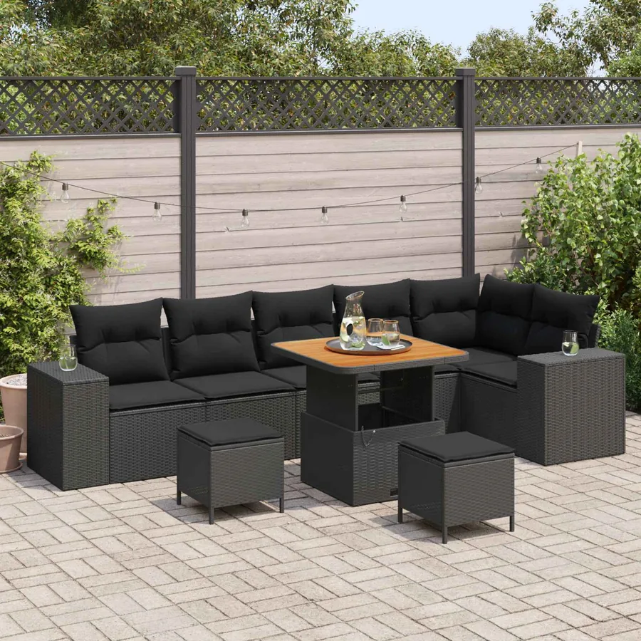 Ensemble de canapé de jardin avec coussin 9 pcs Noir polyrotin