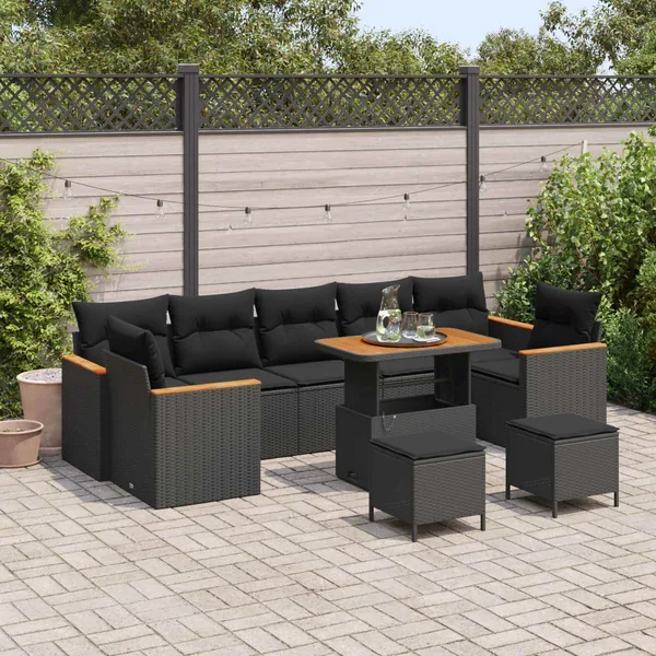 Ensemble de canapé de jardin 10 pcs Noir Poly rotin