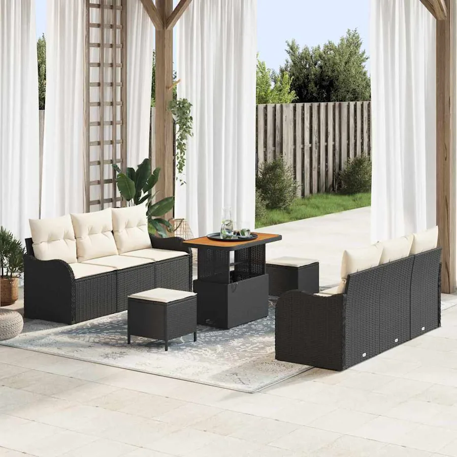 Ensemble de canapé de jardin avec coussin 9 pcs Noir et Crème