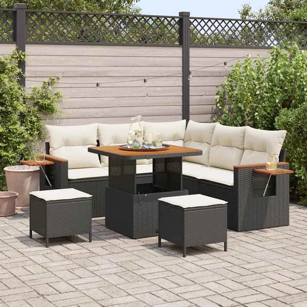 Ensemble de canapé de jardin 9 pcs Noir et Crème polyrotin