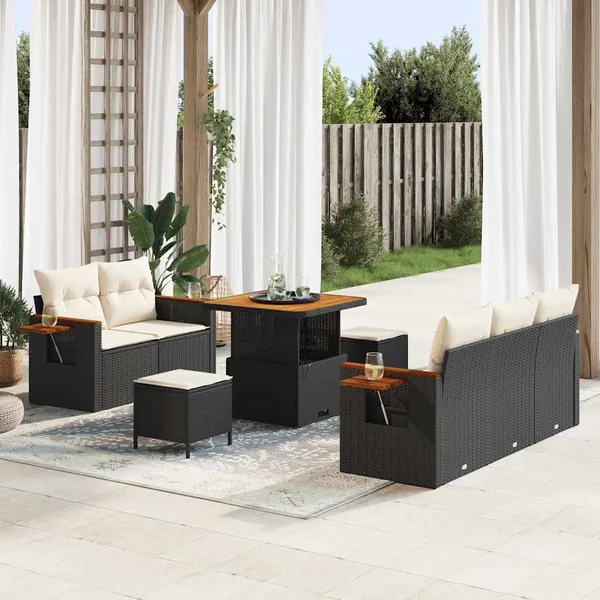 Ensemble de canapé de jardin 10 pcs Noir et Crème polyrotin