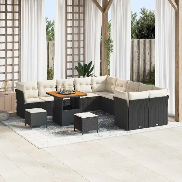 Ensemble de canapé de jardin 13 pcs Noir et Crème polyrotin