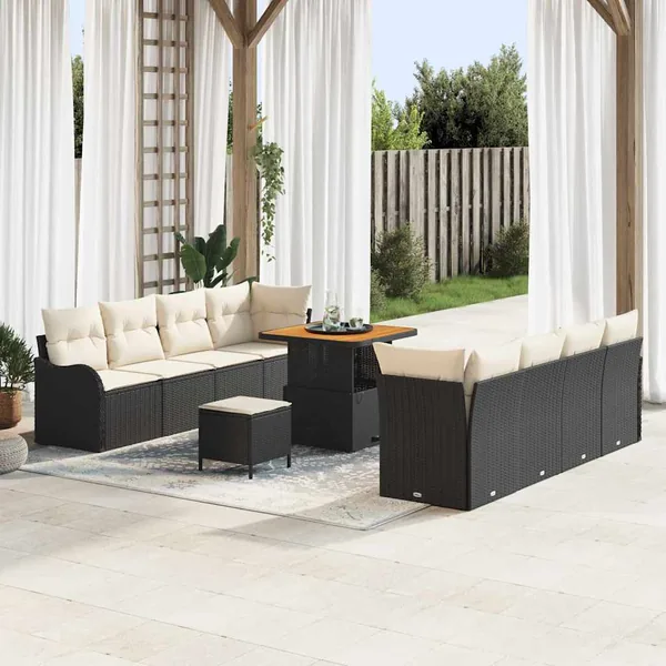 Ensemble de canapé de jardin avec coussin 11 pcs Noir et Crème