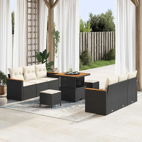 Ensemble de canapé de jardin 11 pcs Noir et Crème polyrotin
