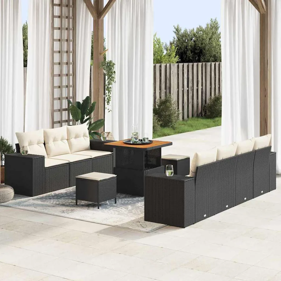 Ensemble de canapé de jardin 10 pcs Noir et Crème Poly Rattan