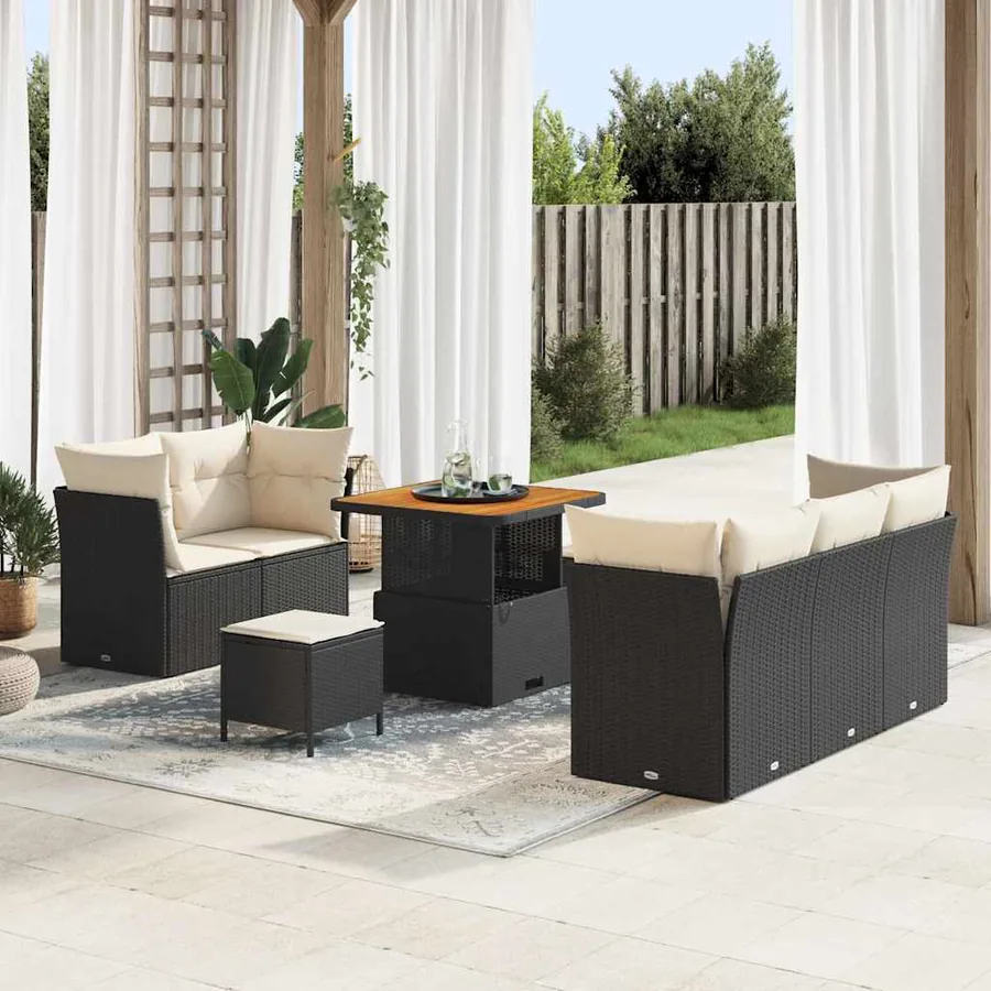 Ensemble de canapé de jardin 8 pcs Noir et Crème polyrotin