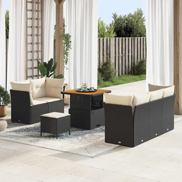 Ensemble de canapé de jardin 8 pcs Noir et Crème polyrotin