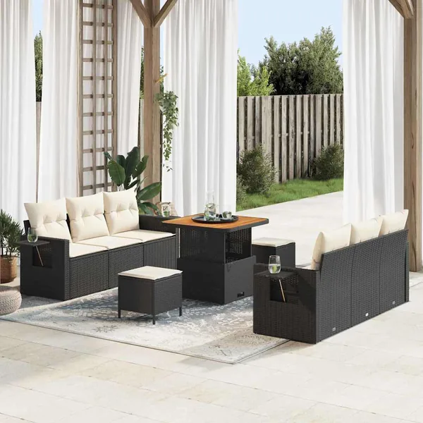 Ensemble de canapé de jardin avec coussin 9 pcs Noir et crème
