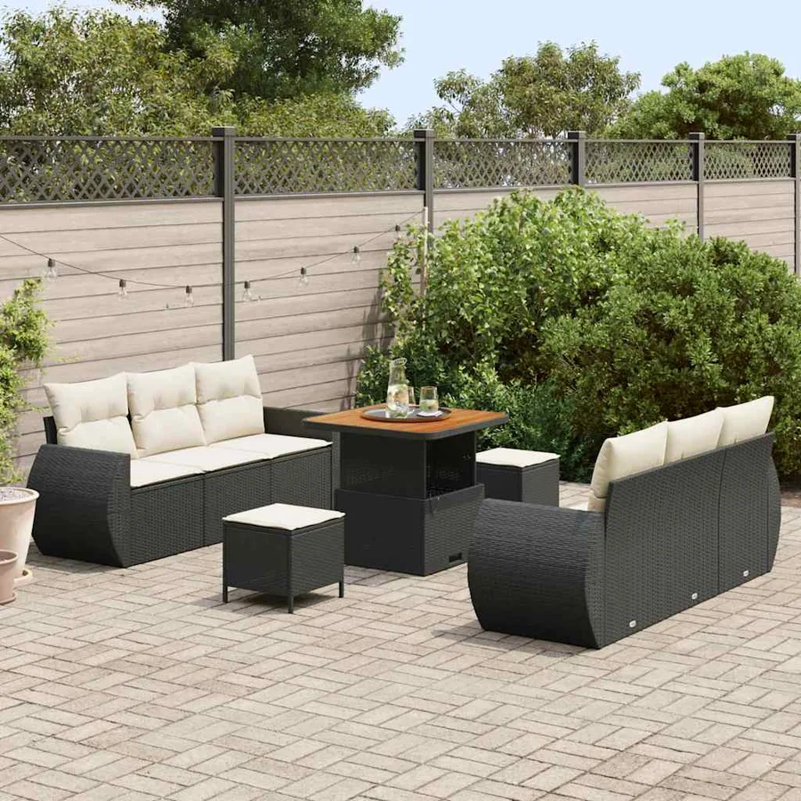 Ensemble de canapé de jardin 9 pcs Noir et Crème polyrotin - 3
