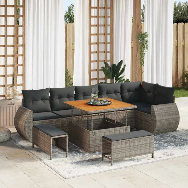 Ensemble de canapé de jardin 9 pcs Gris Poly Rattan