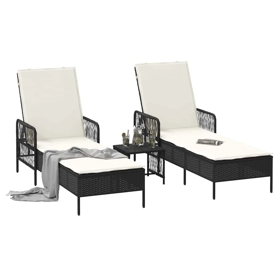 Transat 3 pcs Noir et blanc crème 55 x 200 x 92 cm polyrotin - 3