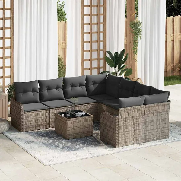 Ensemble de canapé de jardin avec coussin 9 pcs Gris polyrotin