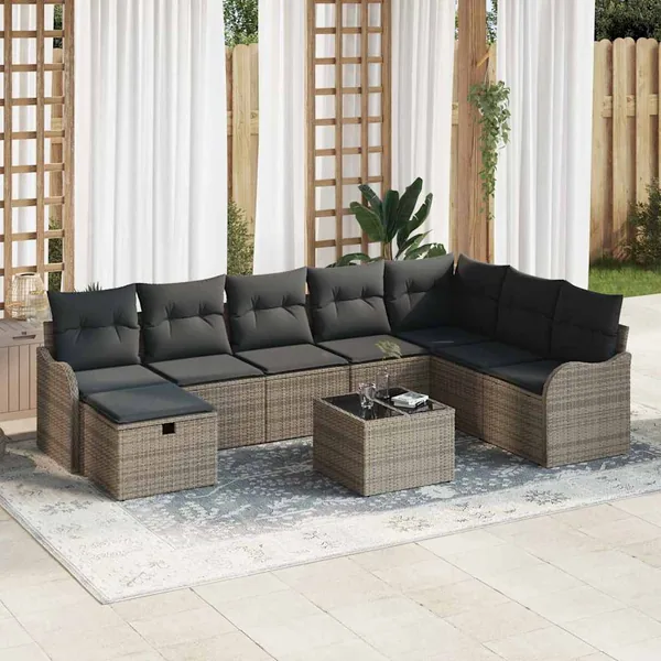 Ensemble de Canapés avec coussin 9 pcs Gris polyrotin